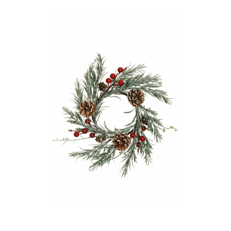 Lot de 12 - Couronne de bougie artificielle moyenne romarin, baies et pommes de pin enneigées, D. 28 cm - rouge 
