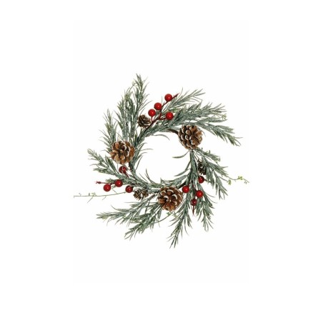 Lot de 12 - Couronne de bougie artificielle moyenne romarin, baies et pommes de pin enneigées, D. 28 cm - rouge 