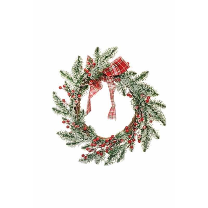 Lot de 12 - Couronne artificielle de pin avec baies, ruban et neige, D. 45 cm - rouge 