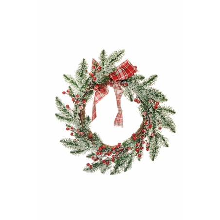 Lot de 12 - Couronne artificielle de pin avec baies, ruban et neige, D. 45 cm - rouge 
