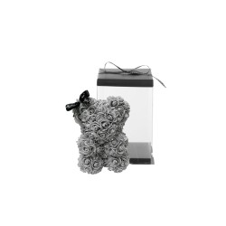 Lot de 20 - Petit ours en peluche en roses avec nœud noir et boîte, 25 cm - gris 