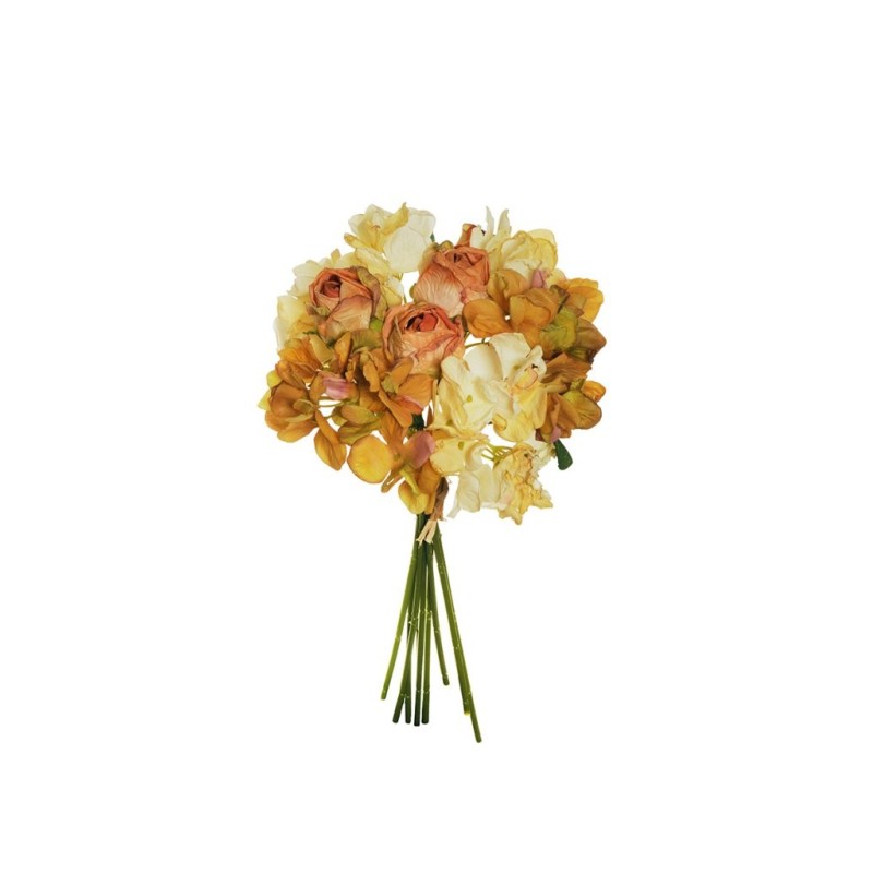 Lot de 12 - Bouquet artificiel boutons de rose et hortensias aspect séché X9, 30 cm - moutarde jaune clair 