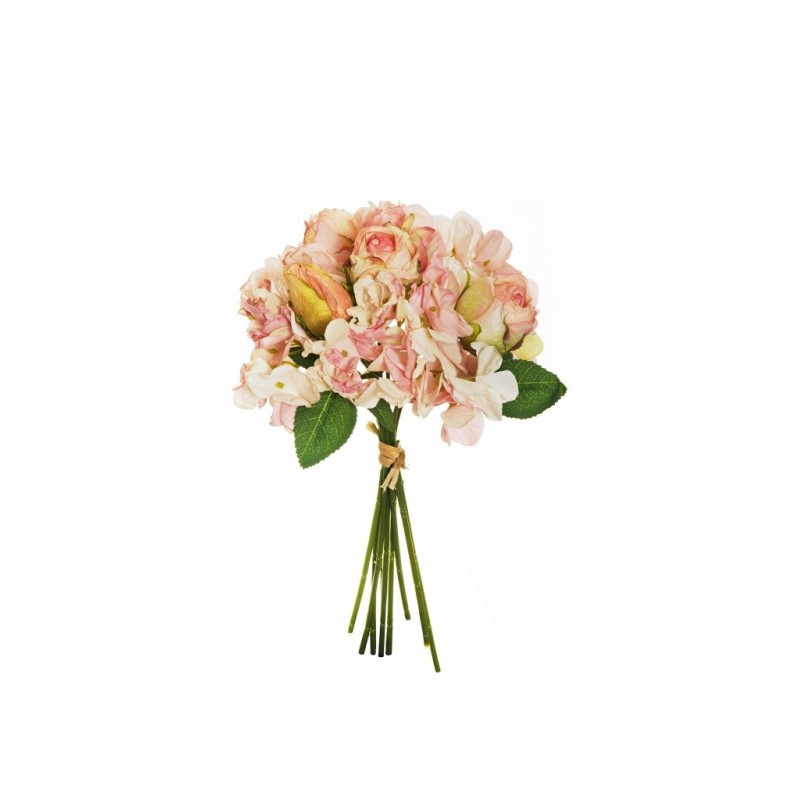 Lot de 12 - Bouquet artificiel boutons de rose et hortensias aspect séché X9, 30 cm - rose 