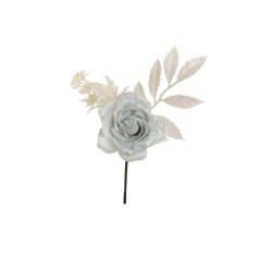 Lot de 48 - Pic artificiel double rose velours pailleteux, 24 cm - blanc 