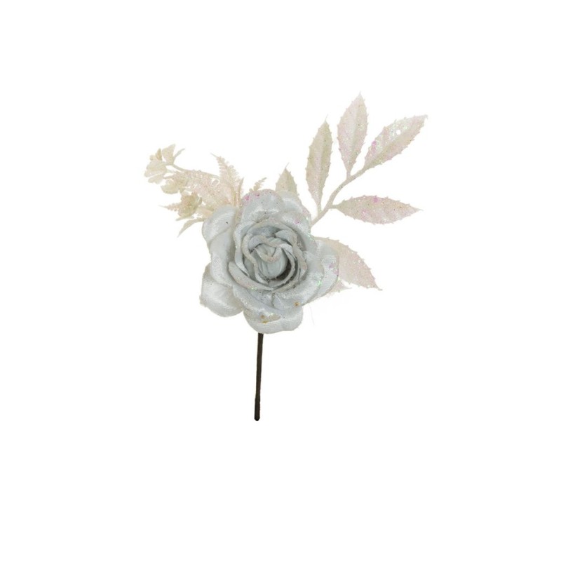 Lot de 48 - Pic artificiel double rose velours pailleteux, 24 cm - blanc 