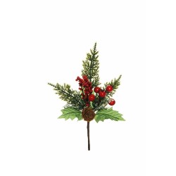 Lot de 48 - Pic artificiel baies, pomme de pin, cyprès et houx, 26 cm - rouge 