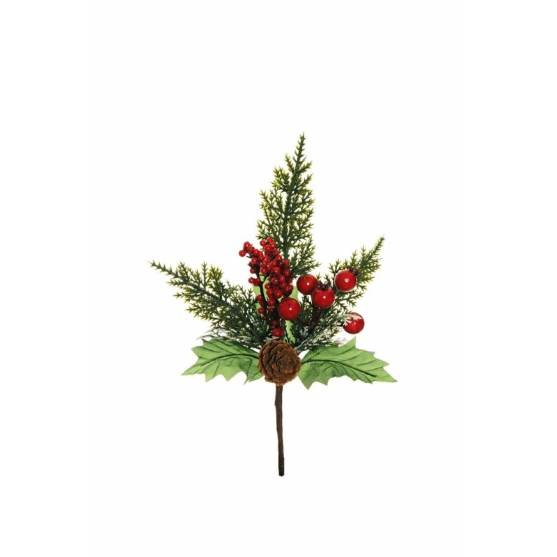Lot de 48 - Pic artificiel baies, pomme de pin, cyprès et houx, 26 cm - rouge 