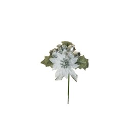 Lot de 48 - Pic artificiel poinsettia, baies, blé et ruban, 14 cm - blanc argent 