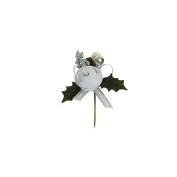 Lot de 48 - Pic artificiel renoncule, baies, blé et ruban pailleteux, 15 cm - blanc argent 