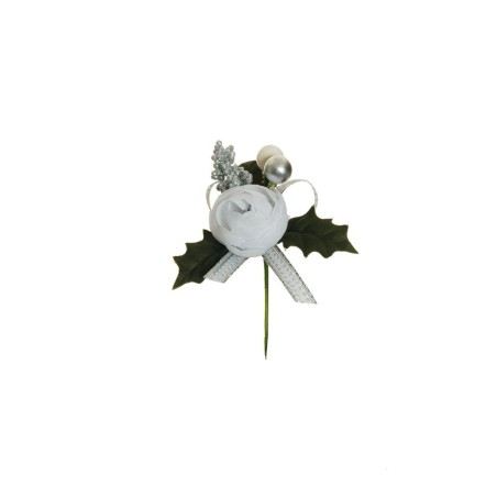 Lot de 48 - Pic artificiel renoncule, baies, blé et ruban pailleteux, 15 cm - blanc argent 