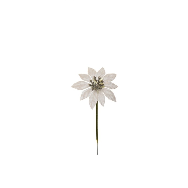 Lot de 144 - Mini pic artificiel de poinsettia velours, 12 cm - blanc argent 