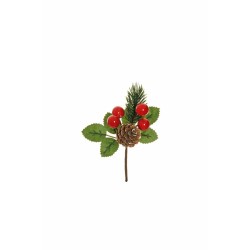 Lot de 96 - Pic artificiel pin, baies, pomme de pin et feuilles, 15 cm - rouge vert marron 