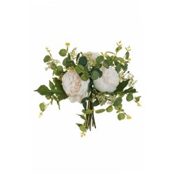 Lot de 6 - Bouquet artificiel de roses chou, eucalyptus et baies X8, 33 cm - crème 