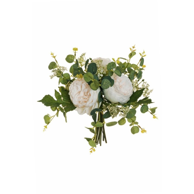 Lot de 6 - Bouquet artificiel de roses chou, eucalyptus et baies X8, 33 cm - crème 