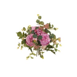 Lot de 6 - Bouquet artificiel de roses chou, eucalyptus et baies X8, 33 cm - rose foncé 