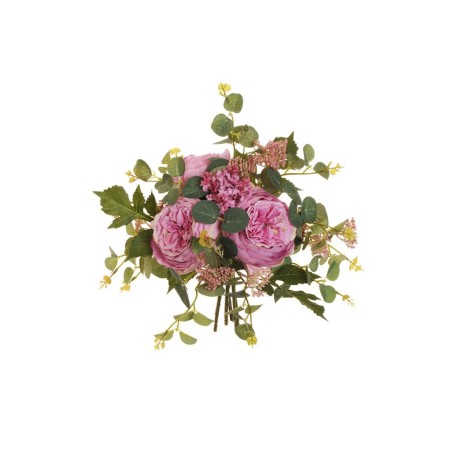Lot de 6 - Bouquet artificiel de roses chou, eucalyptus et baies X8, 33 cm - rose foncé 
