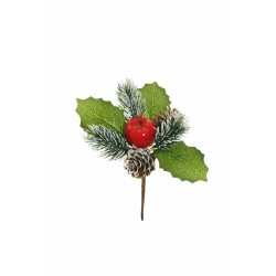 Lot de 96 - Pic artificiel pommes de pin, pomme, pin enneigé et houx, 13 cm - rouge vert marron 
