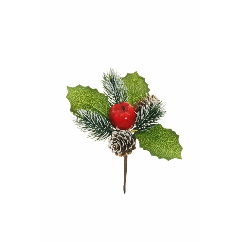 Lot de 96 - Pic artificiel pommes de pin, pomme, pin enneigé et houx, 13 cm - rouge vert marron 