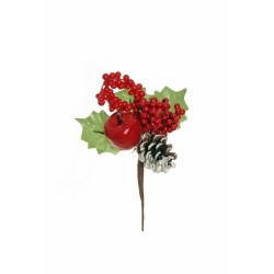 Lot de 60 - Pic artificiel pomme de pin, pomme, baies et houx, 19,5 cm - rouge 