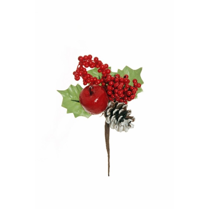 Lot de 60 - Pic artificiel pomme de pin, pomme, baies et houx, 19,5 cm - rouge 