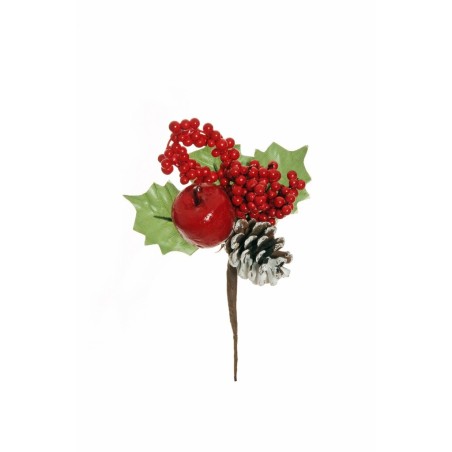 Lot de 60 - Pic artificiel pomme de pin, pomme, baies et houx, 19,5 cm - rouge 