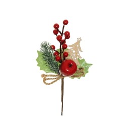 Lot de 60 - Pic artificiel pomme, sapin, baies, ruban et houx, 23 cm - rouge 