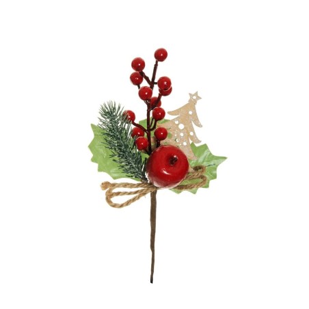 Lot de 60 - Pic artificiel pomme, sapin, baies, ruban et houx, 23 cm - rouge 