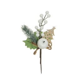 Lot de 60 - Pic artificiel pomme givrée, sapin, baies et houx, 23 cm - blanc 