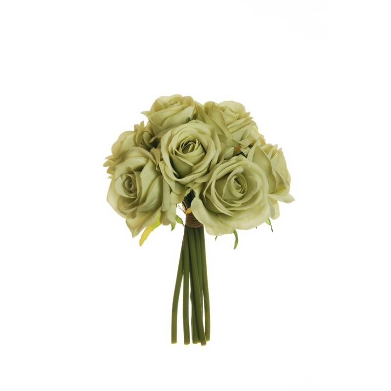 Lot de 12 - Bouquet artificiel de roses bridal X9, 25 cm - vert sauge 