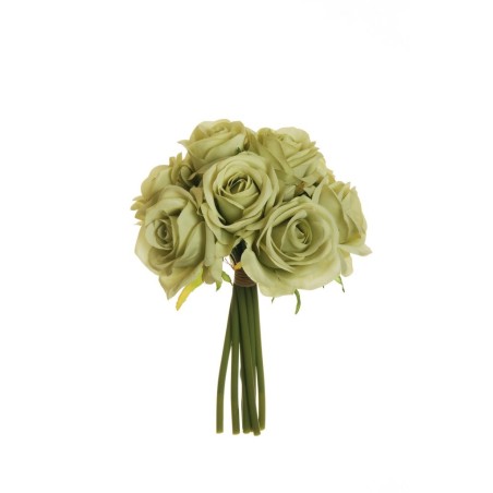 Lot de 12 - Bouquet artificiel de roses bridal X9, 25 cm - vert sauge 