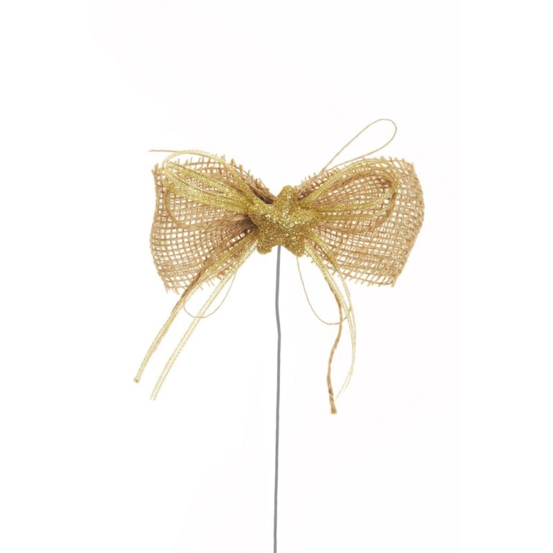 Lot de 480 - Pic artificiel étoile pailletteuse avec ruban jute, 21,5 cm - or 