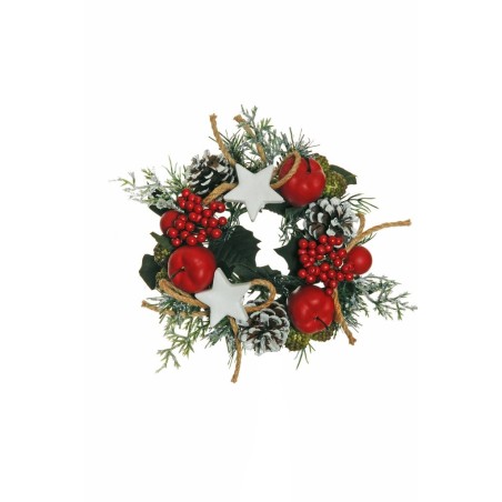 Lot de 12 - Couronne de bougie artificielle houx, cyprès, pommes et baies, D. 16 cm - rouge vert blanc 