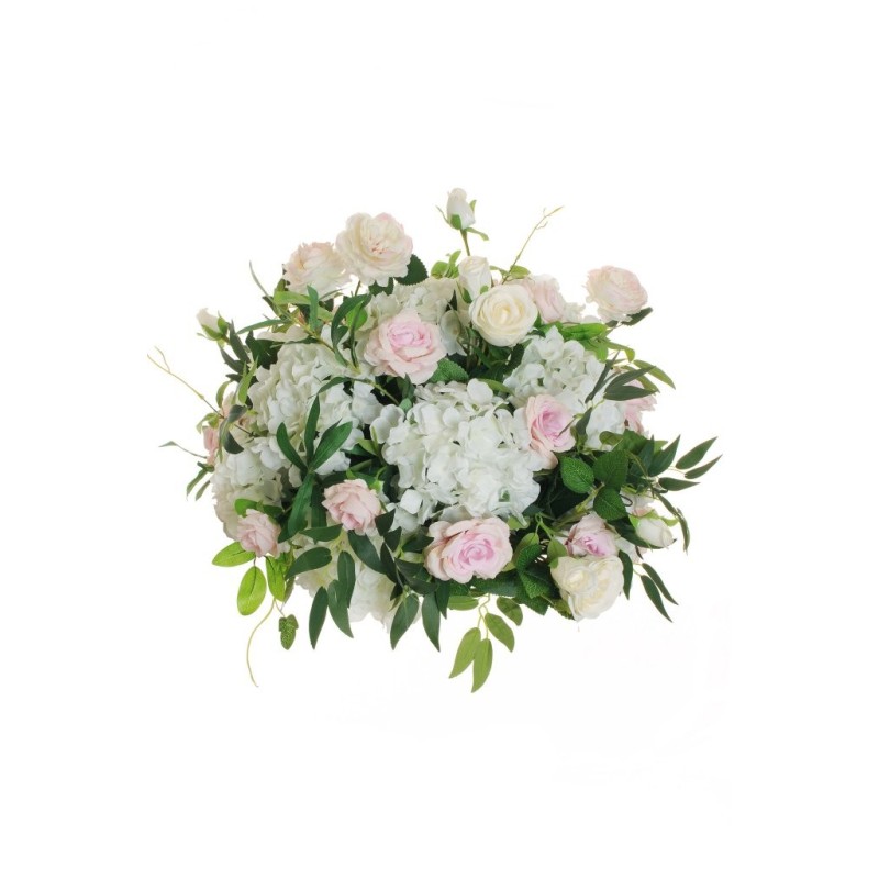 Lot de 2 - Demi-boule artificielle hortensias et roses, D. 60 cm - blanc rose 
