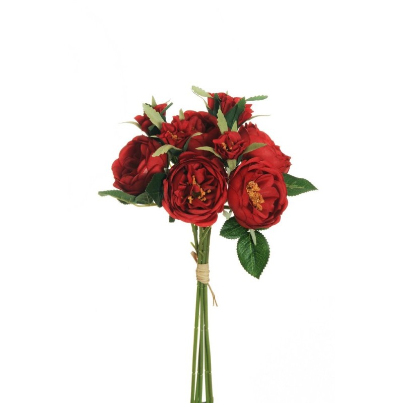 Lot de 12 - Bouquet artificiel de roses Austin X5, 36 cm - rouge 