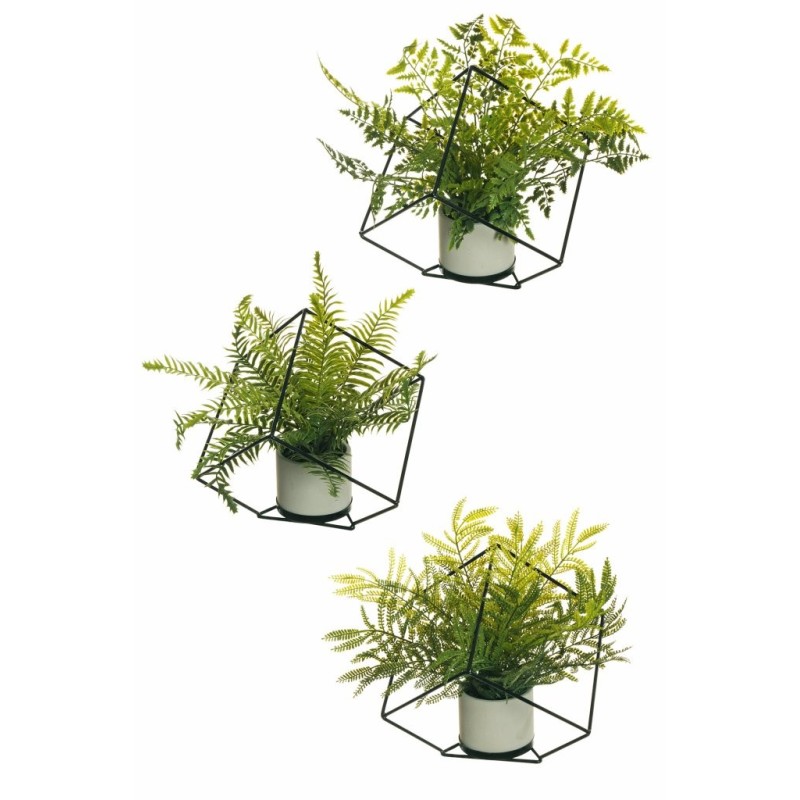 Lot de 6 - Plantes artificielles assorties de fougères en pot ciment carré, 33 cm - vert 
