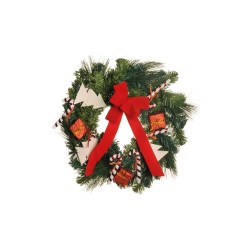 Lot de 4 - Couronne artificielle de pin décorée ruban et sapins, D. 45 cm - vert rouge blanc 