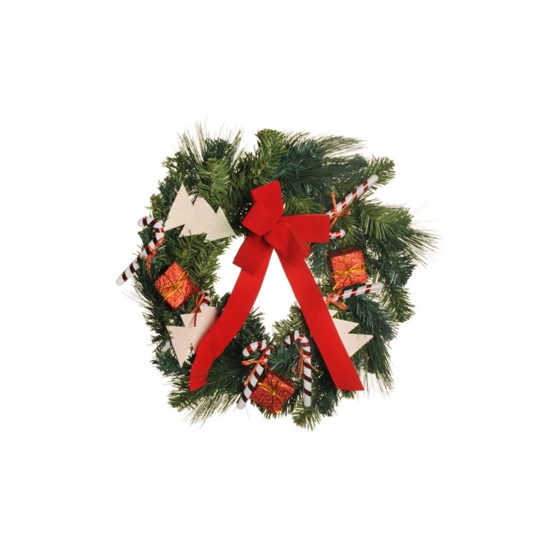 Lot de 4 - Couronne artificielle de pin décorée ruban et sapins, D. 45 cm - vert rouge blanc 