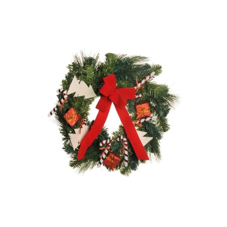 Lot de 4 - Couronne artificielle de pin décorée ruban et sapins, D. 45 cm - vert rouge blanc 