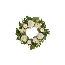 Lot de 4 - Couronne artificielle décorée roses, pommes et orchidées, D. 45 cm - blanc vert 