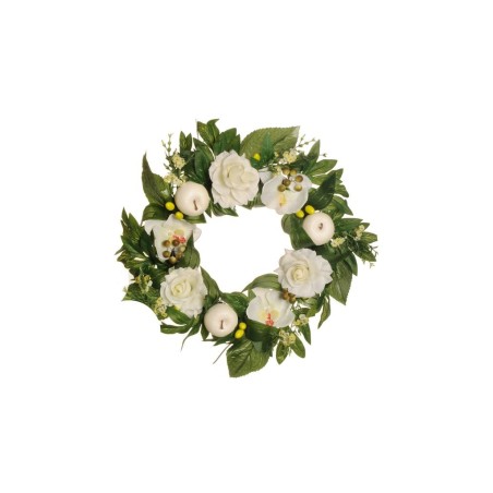 Lot de 4 - Couronne artificielle décorée roses, pommes et orchidées, D. 45 cm - blanc vert 