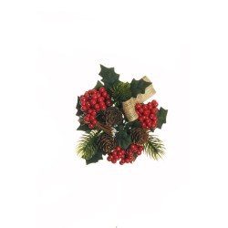 Lot de 24 - Couronne de bougie artificielle houx, pommes de pin et baies, D. 14,5 cm - rouge vert 