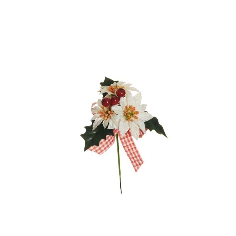 Lot de 48 - Pic artificiel mini poinsettia velours, baies et houx, 14 cm - crème 