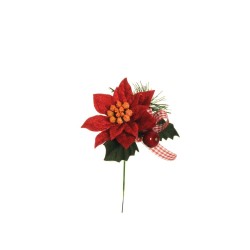 Lot de 36 - Pic artificiel poinsettia velours, baies et pin, 15,5 cm - rouge 