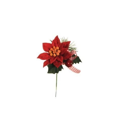 Lot de 36 - Pic artificiel poinsettia velours, baies et pin, 15,5 cm - rouge 