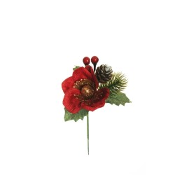 Lot de 36 - Pic artificiel rose de Noël, pomme de pin et baies, 15,5 cm - rouge 