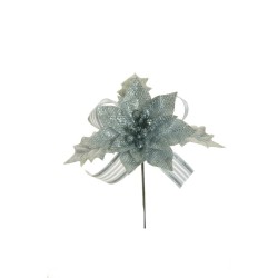 Lot de 36 - Pic artificiel poinsettia, houx et ruban métallisé, 15 cm - argent 