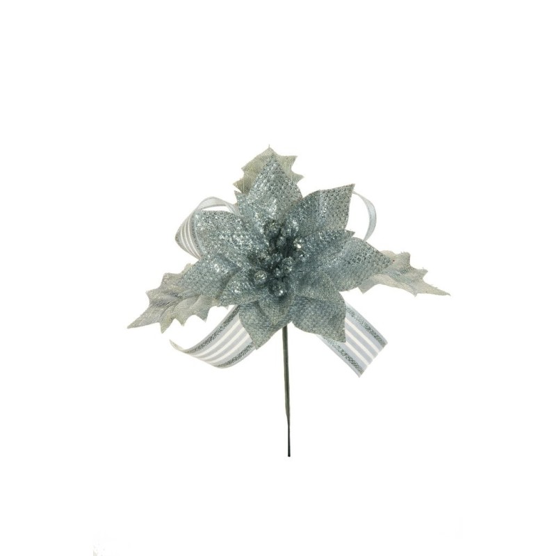 Lot de 36 - Pic artificiel poinsettia, houx et ruban métallisé, 15 cm - argent 