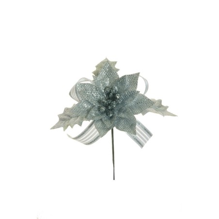Lot de 36 - Pic artificiel poinsettia, houx et ruban métallisé, 15 cm - argent 