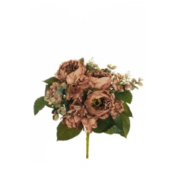 Lot de 8 - Buisson artificiel pivoine, hortensia et eucalyptus X9, 45 cm - marron clair 