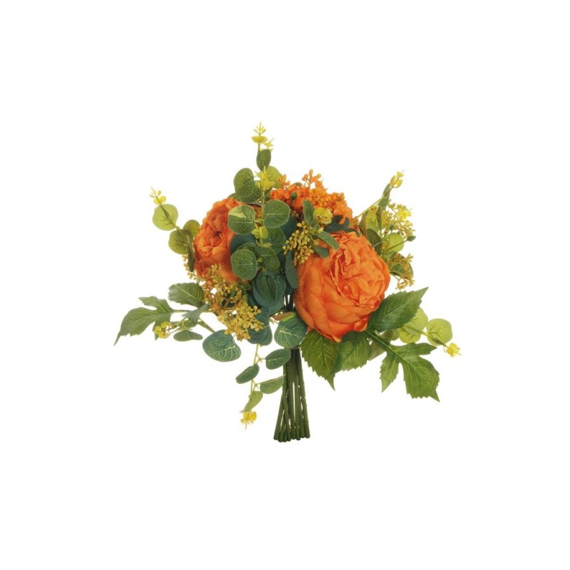 Lot de 6 - Bouquet artificiel rose chou, eucalyptus et baies X8, 33 cm - orange 